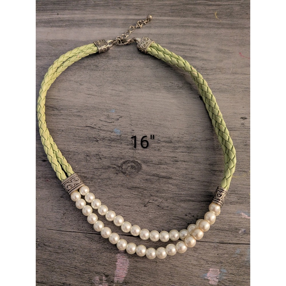 Sage Green Braided Leather Faux Pearl Double Strand Choker Necklace Silver Tone